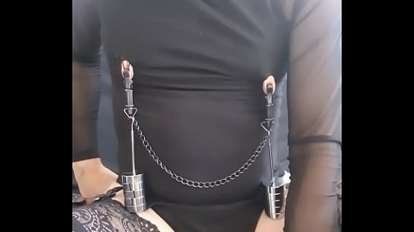 Extreme kinky crossdresser with big nipples receiving remote electro 