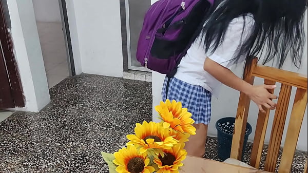 A fakestudentin a sexy shortskirt masturbates at home with_a dildo_Her titslook inflated