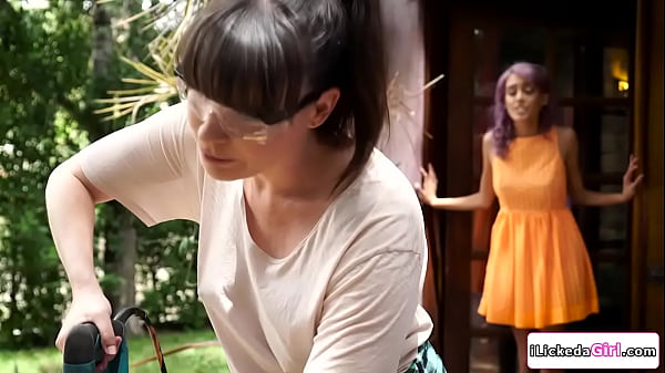 Lesbian carpenter comforting her start kissing in the big tits babe gives in while the milf licks and fingers her hairy pussy