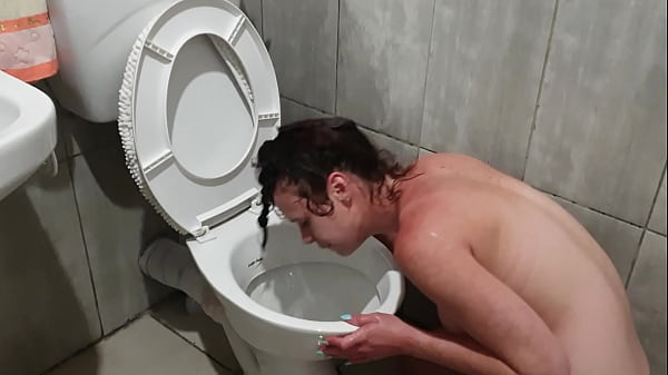 HUMAN TOILET slut PISSES on her own face_while head in_toilet humiliation