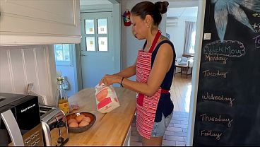 Hot wife with amazing natural tits gets her pussy filled while working in the kitchen