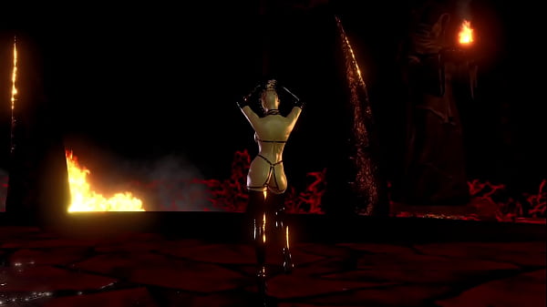 Mature busty pinhead women in latex outfit posing alone in hell cave 