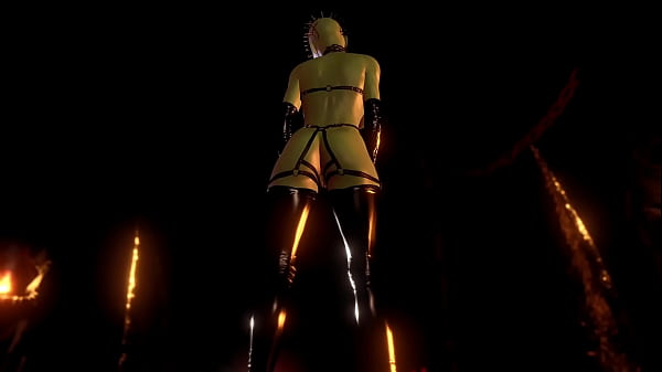 Mature busty pinhead women in latex outfit posing alone in hell cave