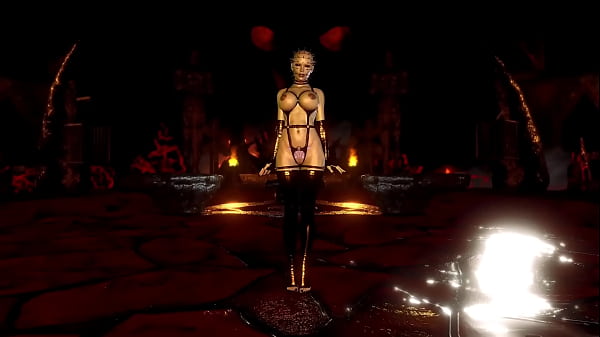 Mature busty pinhead women in latex outfit posing alone in hell cave