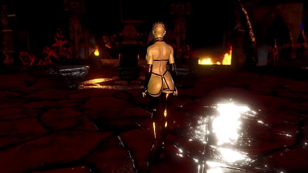 Mature busty pinhead women in latex outfit posing alone in hell cave 