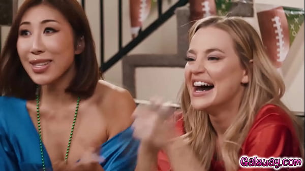 Steamy foursome with sexy_ladies Nicole Doshi Hailey Rose_and Ameena Greenand Blake Blossom whilewatching a football game