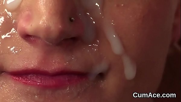 Flirty honey gets jizz load on her face eating all the_cum