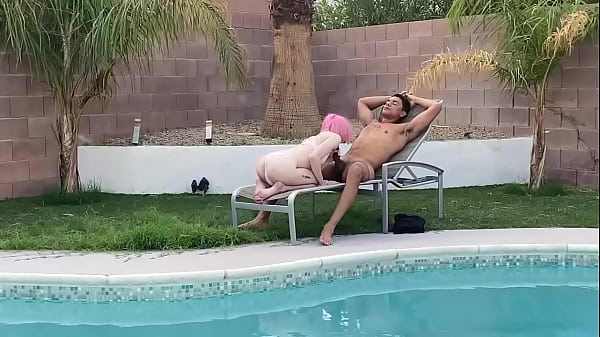Tiny Pink Haired Trans Cutie Sucks Huge Cock by the Pool & Gets Blowjob 