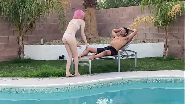Tiny Pink Haired Trans Cutie Sucks Huge Cock By The Pool & Gets Blowjob thumbnail
