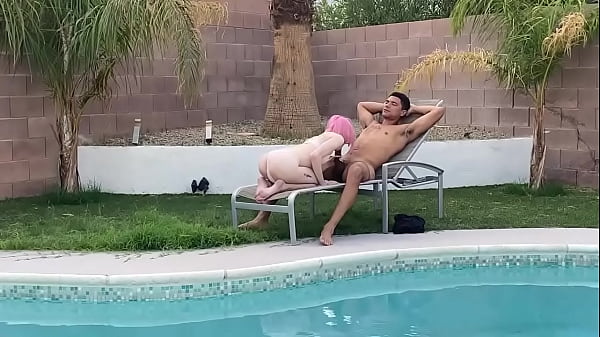Play MP4 - Tiny Pink Haired Trans Cutie Sucks Huge Cock by the Pool & Gets Blowjob