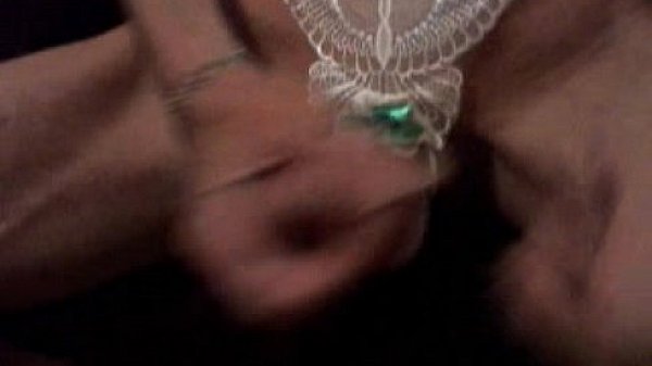 Stroking my shaved Cock in crotchless panties w/Irish hair tie turned Cock Ring 