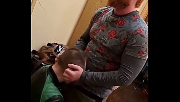 Ginger Guy in Leather Gets on His Knees Gay Amateur Blowjob
