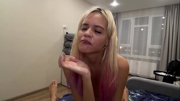 Blonde amateur with firm tits gets face fucked & swallows cum shot