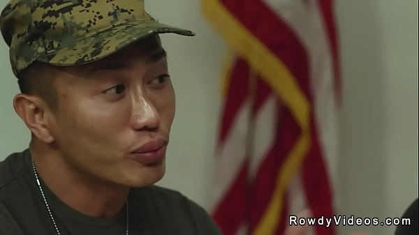 Jkab Ethan Dale recruits homeless twink gay Trevor Harris then brings him to his house where with a fellow soldier Roman Todd anal threesome fuck 