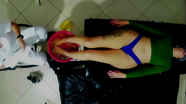 The foot spa complete with massage oils and cum on her feet 