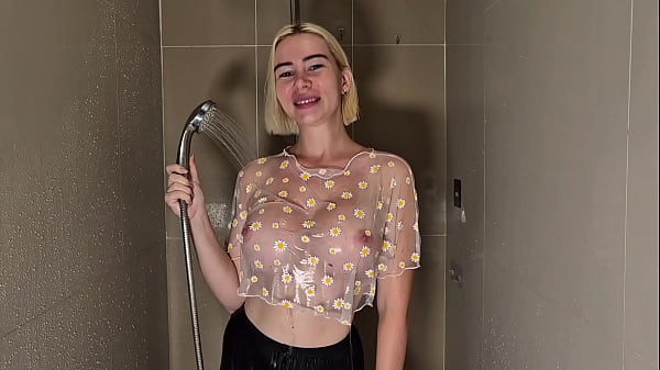 Wet blonde with big boobs touches herself i test transparent top for dry vs wet