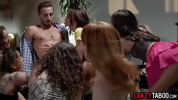 Group of horny babes jumped on big cock guy and sucked his cock before rough group sex 