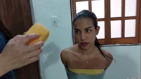 Cute glamour model bound and gagged by humiliating lezdom milf