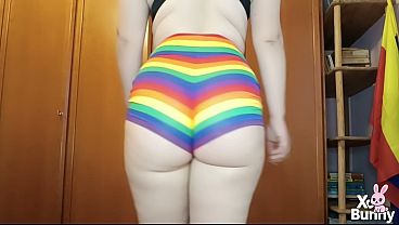 Big Fat Perfect Ass Walks In Front Of You Walking Rainbow Booty Shorts thumbnail