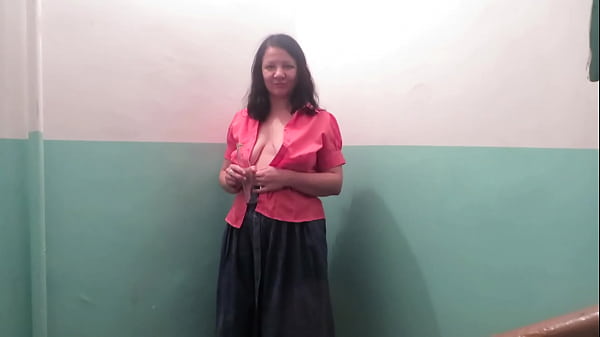 Chubby milf loves to fuck her pussy with objects in public places in the toilet in the entrance and smoke