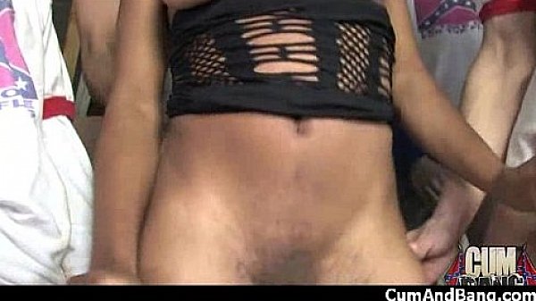 Black chick deepthroats a group of white studs and gets rewarded with cum 6 