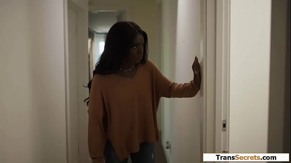 Tgirl stepdaughter Izzy Wilde caught jerking off on stepdad by her ebony roommate.The black babe anal toys the shemale before stepdad barebacks her 