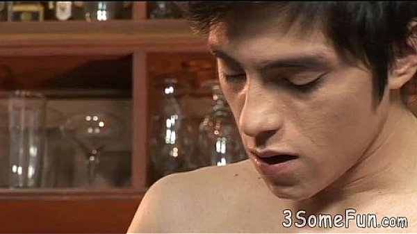 Sexy barman joins in a 3some gay party 