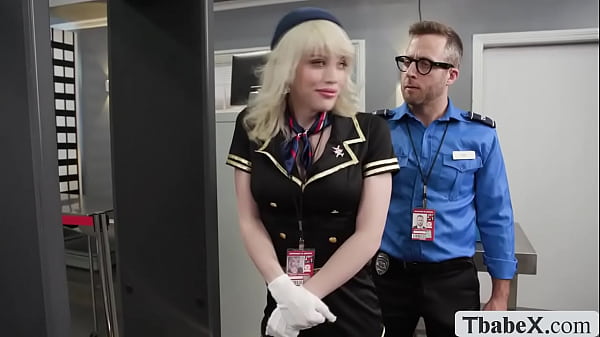 Flight attendant Izzy Wilde gets checked by the airport guard and confiscate the buttplug in her asshole 