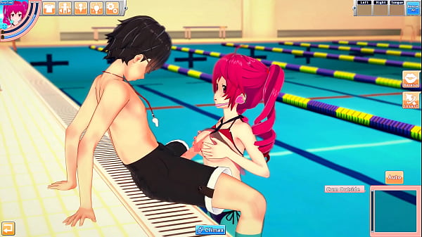 Hentai kasane teto in swimsuit enjoys the pool with guy 