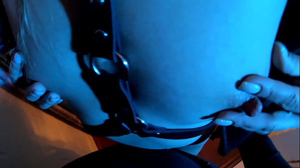 Lustful slut in black rabbit mask leather belts and leather jacket sucks cock and swallows cum fetish blowjob pov 