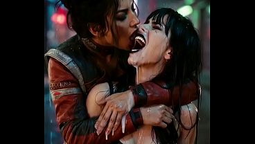 Hot lesbian deep kissing scene - Panam Palmer (Cyberpunk 2077) and Nyx Loops moaning and drooling profusely - AI Generated 