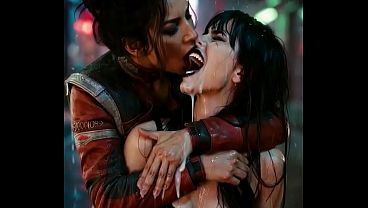 Hot lesbian deep kissing scene - Panam Palmer (Cyberpunk 2077) and Nyx Loops moaning and drooling profusely - AI Generated