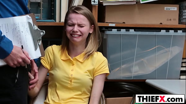 Skinny teen thief grabs security officer's cock for mercy