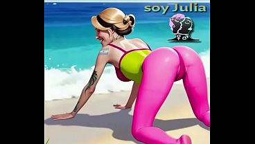 Chica ex&oacute;tica menea fuerte en playa trasero en bikini 