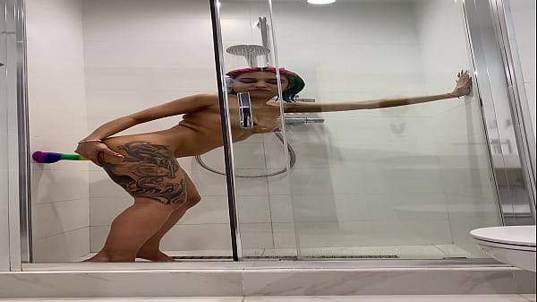 Naked roxy showers and masturbates