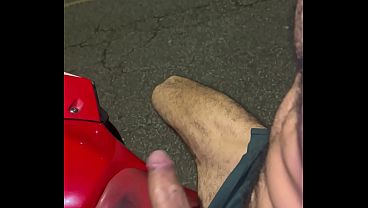 Hairy man with a very hard, thick penis on a gay cruising street. 