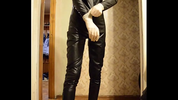 I change intoa shinyblack suit and_jerk offin it