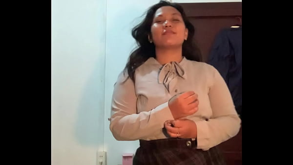 Uniform wearing slutty asian removes her clothes while strip teasing