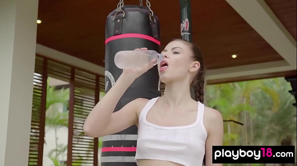 Skinny small titted nude beauty posing after workout 