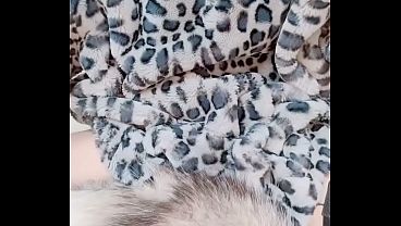 Femboy cosplaying in cute, fluffy snow leopard coat, Rubber Band Dick Snapping