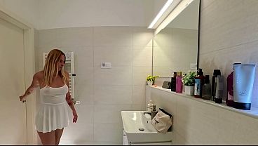 Beautiful blonde new wife in see through mini white dress shows her tiny thong and big ass