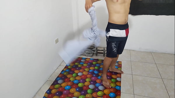 The athletic male does his aerobics routine and shows off his small flacid penis he should be ashamed of having a stunning ugly penis