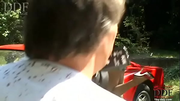 Blonde cutie washing a ferrari 