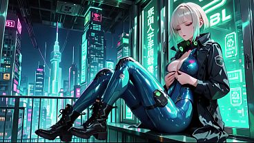 AI-generated- Cyber Agent'_s Private Night! The blonde siren in her neon tactical suit lounges seductively inside the high-tech command center.