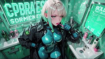 AI-generated- Cyber Agent'_s Private Night! The blonde siren in her neon tactical suit lounges seductively inside the high-tech command center.