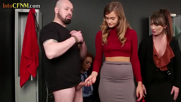 CFNM femdom group giving handjob in locker room 