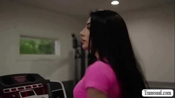 Bald dude cant resist the hotness of shemale in gym.After that,he licks her ass first and he then bareback fucks it so deep and hard. 