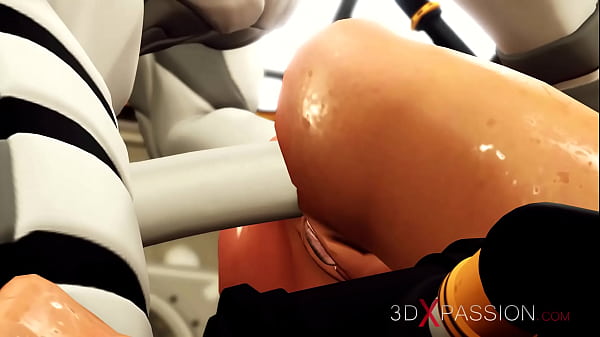 Sex cyborg plays with a young woman in cuffs in the sci fi lab