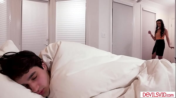 Brunette milf catching stepson jerking gives him blowjob and asks to have anal guy sucks his stepmoms big tits then fucks her ass