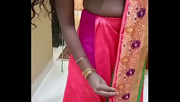 Desi Indian Tamil Wife Renu Red Bra Tease Saree Dressing for Boy Bestie